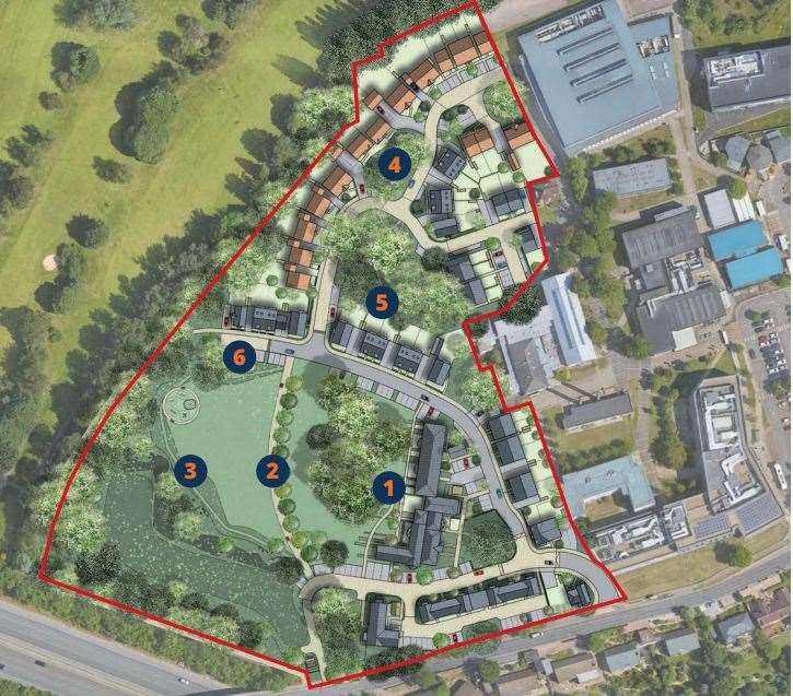 Bellway Homes proposals for North West Kent college. Key: 1. Kingsfield House, 2. foot/cycle paths, 3. Green space, 4. mix of homes, 5. parking, 6. drainage features. Photo credit: Bellway Homes