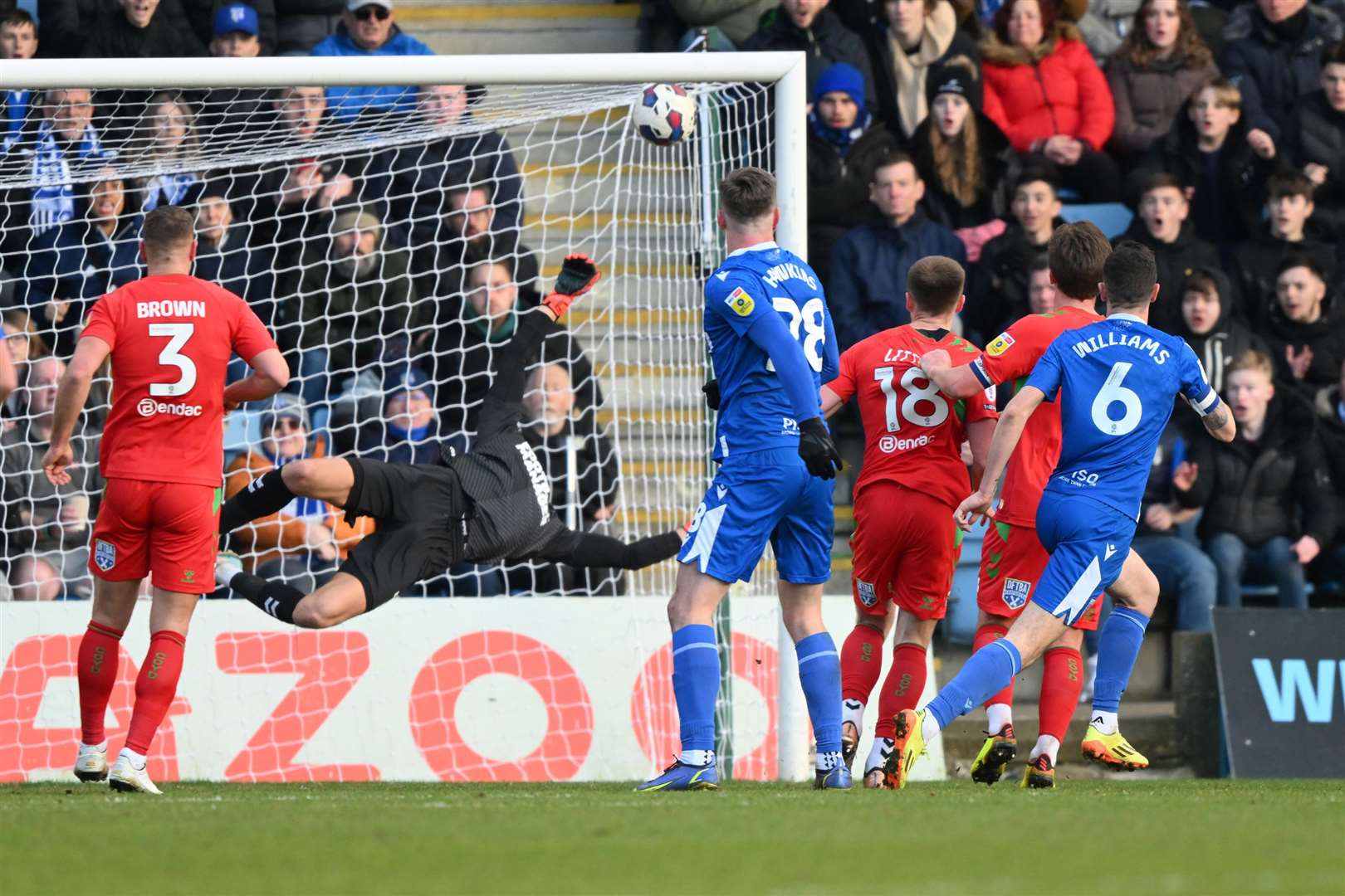 Shaun Williams' header is saved before Max Ehmer scores for Gillingham Picture : Keith Gillard