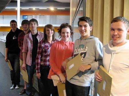 Delighted pupils from Folkestone Academy, left to right, Mathew Avery, Elliot Ranford, Alex Chernyshov, Janel Whitby, Jemma Williams, Cade Mortimer and Samuel Johnson