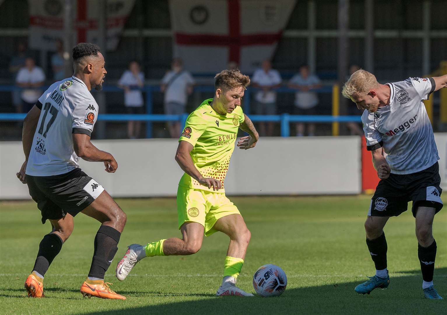Dover's Alfie Paxman and Chike Kandi try to win the ball against a Hungerford player during Saturday's 1-0 win at Crabble. Picture: Stuart Brock