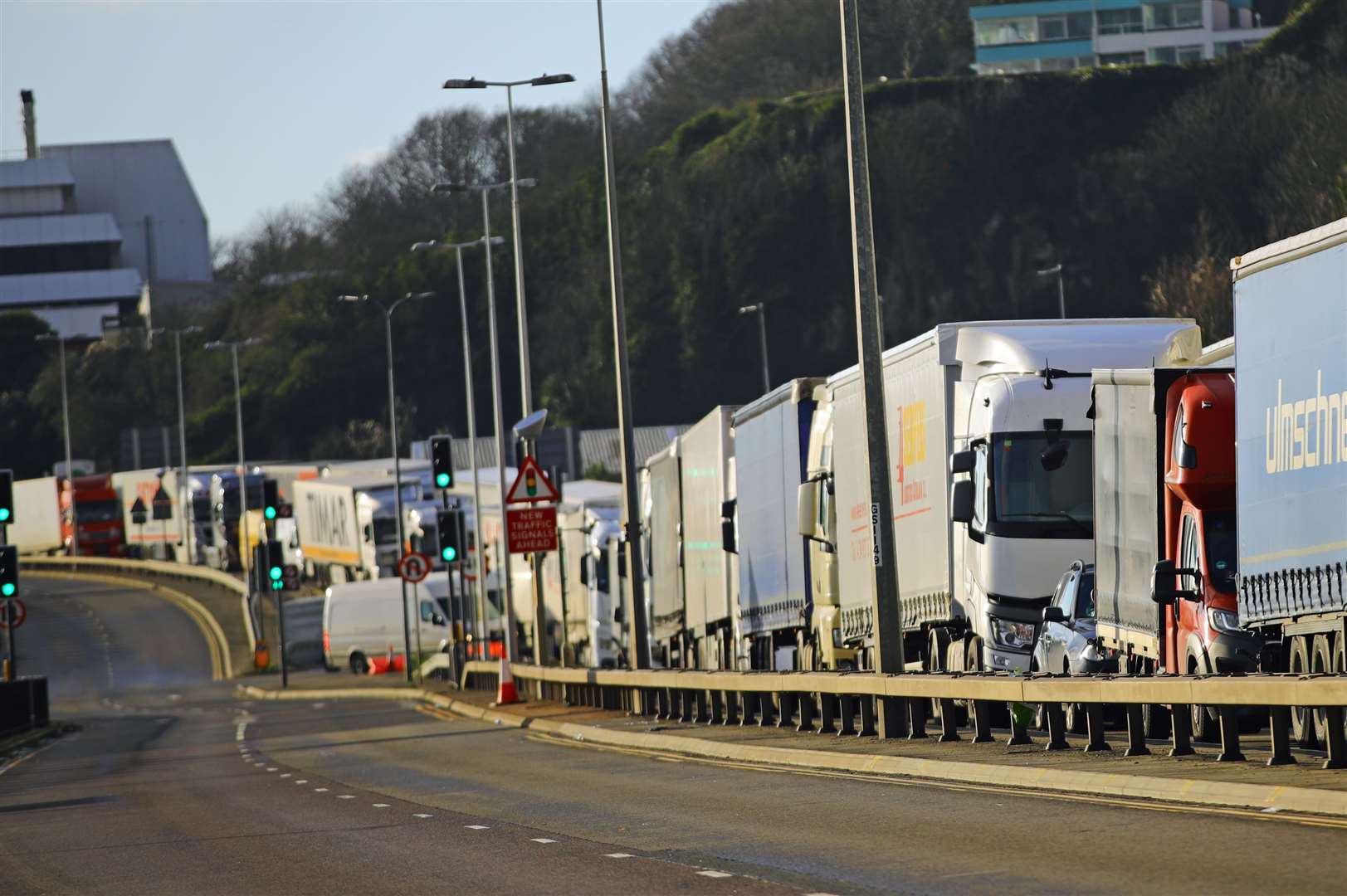 Freight lorries queue to enter the Port of Dover – the Army will be brought in to help ease the backlog (Aaron Chown/PA)