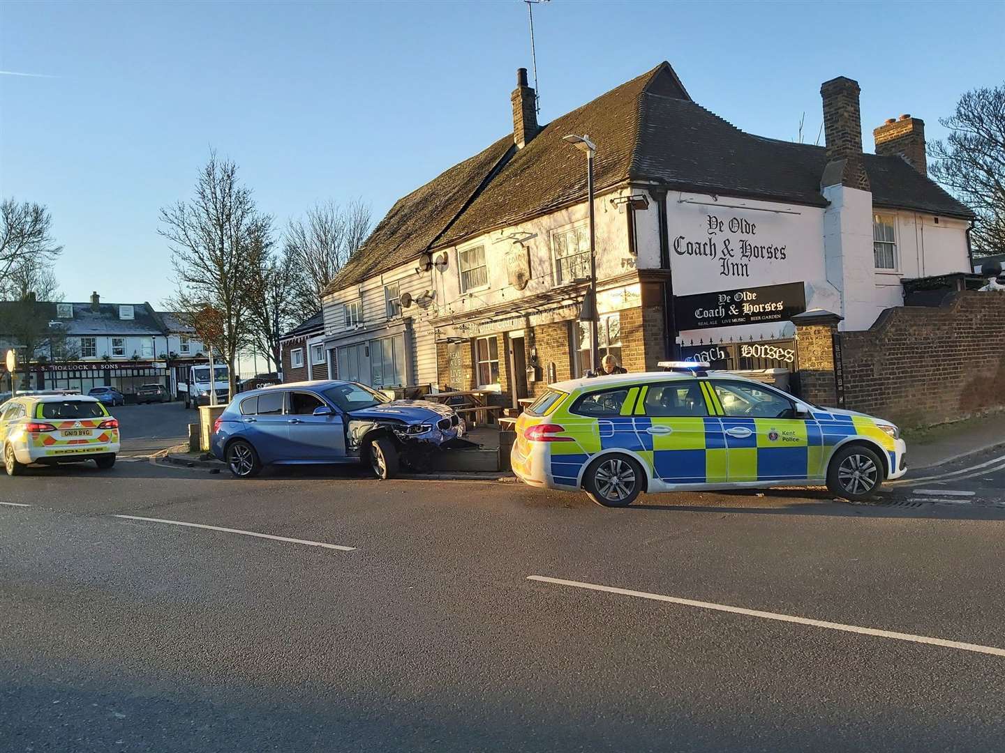 A driver has been arrested after reportedly smashing into seven cars and crashing into a pub garden's flowerbed in Gravesend. Picture: Kent Police
