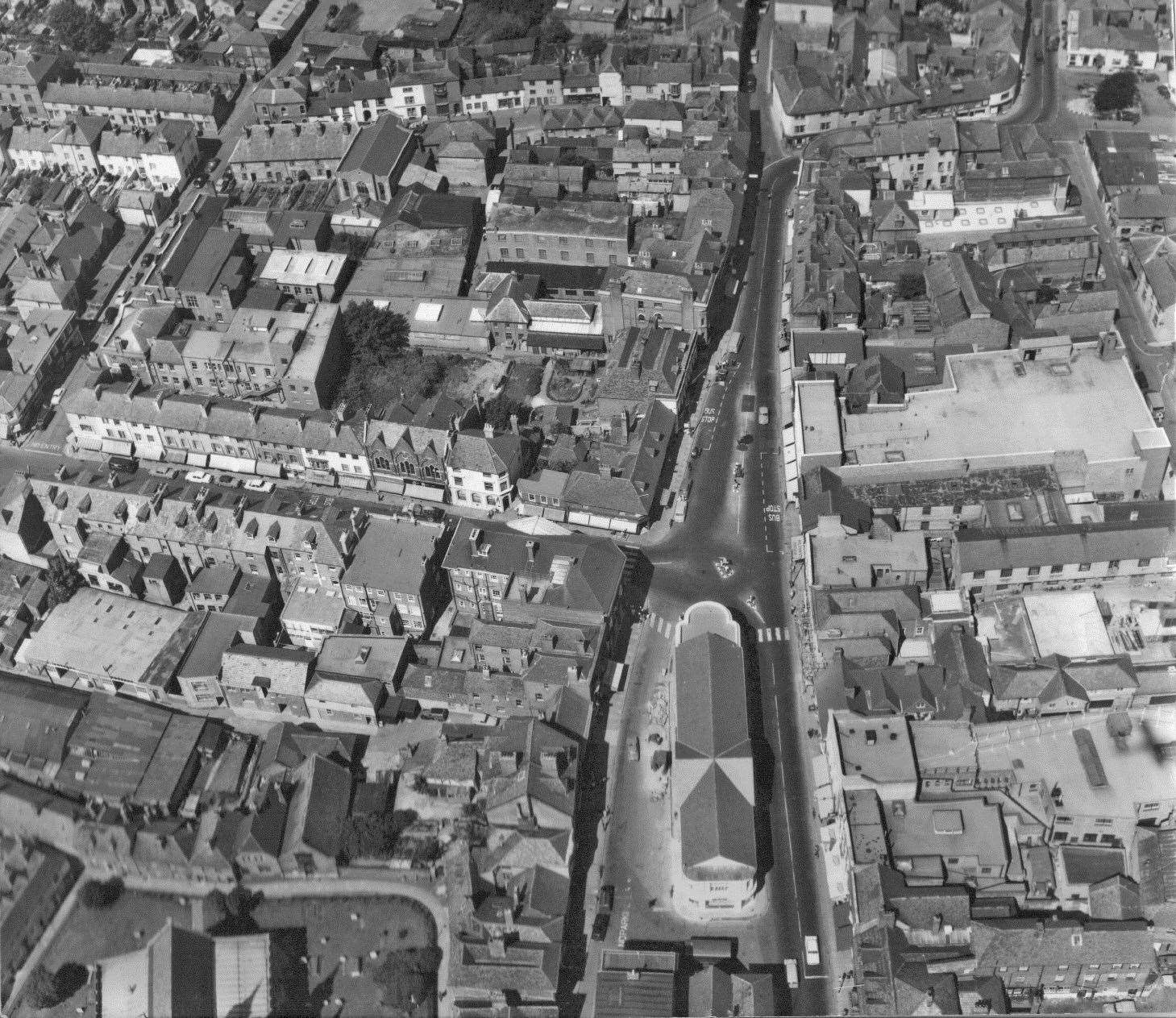 A 1960 aerial view of the upper end of Ashford high street, with a large section of Hempsted Street (top left), which was to succumb to the bulldozers. Picture: Steve Salter