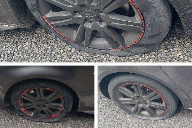 The Audi's blown-out tyres. Picture: Kent Police