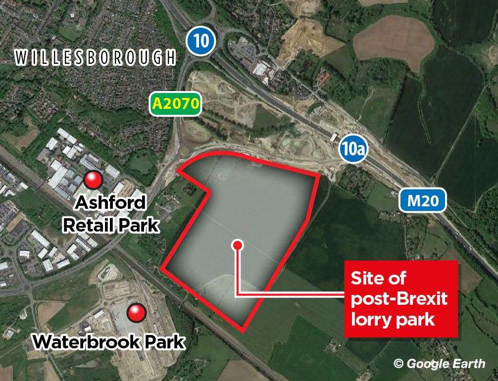 Where Sevington's Brexit lorry park is being built; the neighbouring Waterbrook Park site is currently being used for HMRC checks