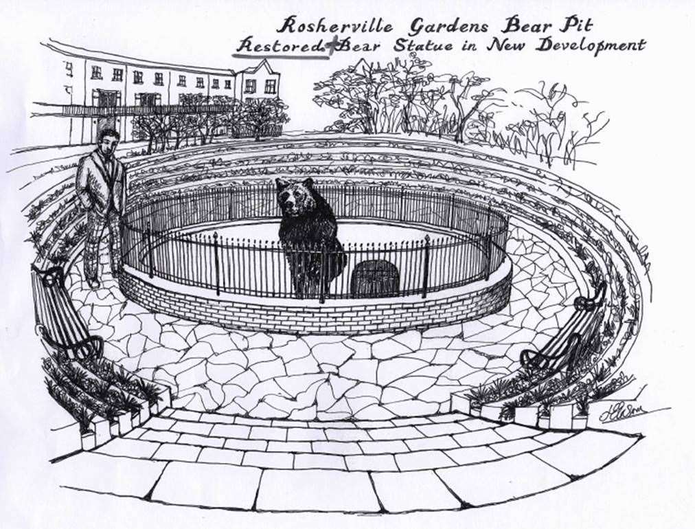 Sketch showing former bear pit at Rosherville Gardens, Gravesend, with statue of Rosie the bear. Picture: Conrad Broadley