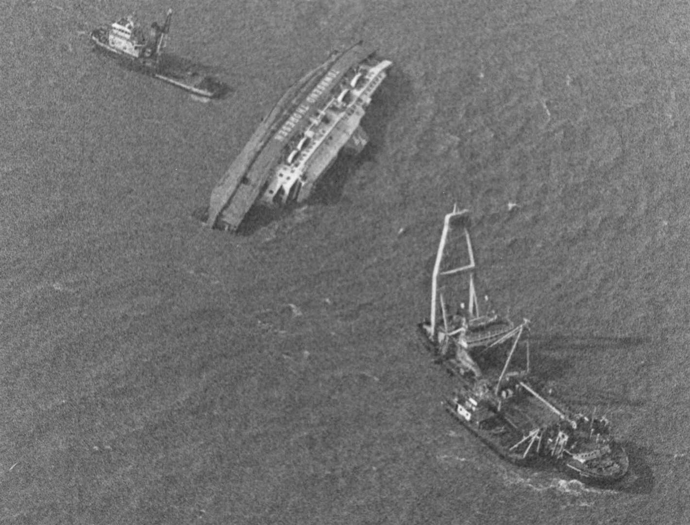 Aerial view of Herald of Free Enterprise, which capsized March 1987