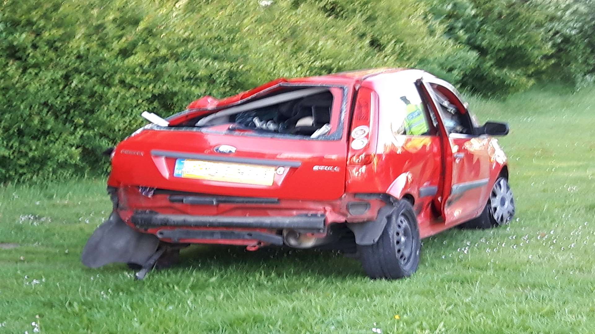 The wreckage of one of the cars involved