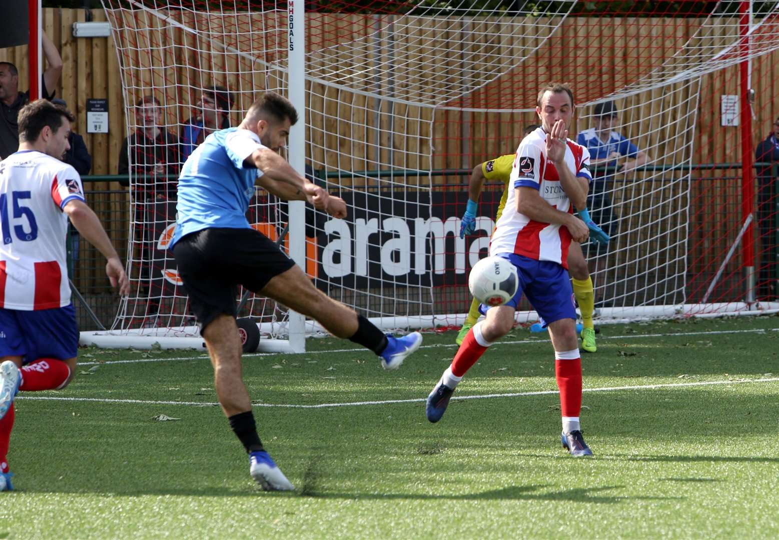 Joe Turner goes for goal in Angels' defeat at Dorking Picture: David Couldridge