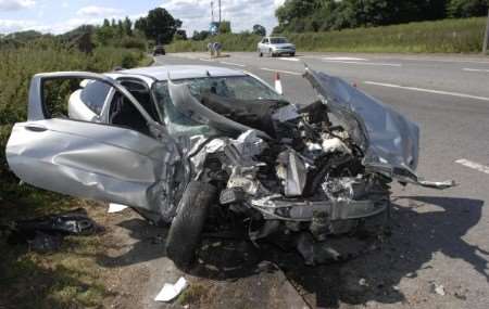 The car involved in a crash on the A20 at the Smeeth/Aldington crossroads