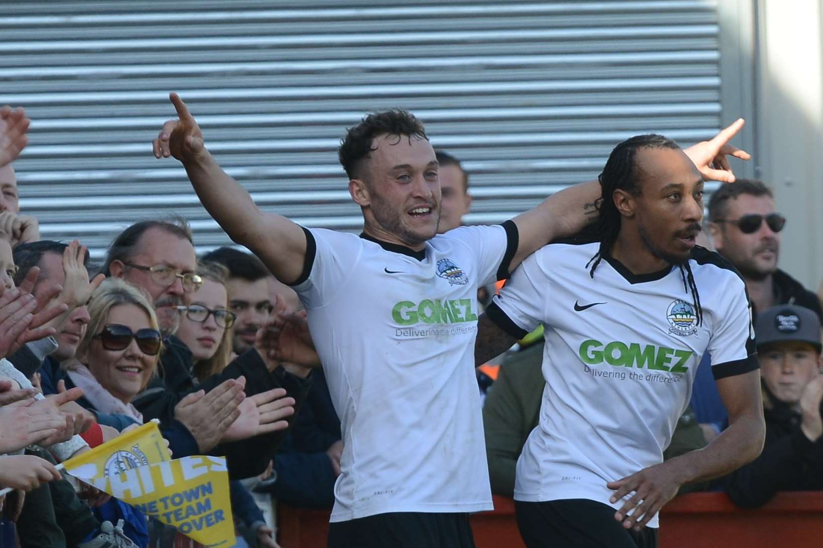 Ricky Miller celebrates his second goal with Ricky Modeste Picture: Gary Browne