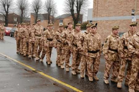 Soldiers of the Argyll and Sutherland Highlanders arrive at All Saints Church in Military Road, Canterbury for the memorial service