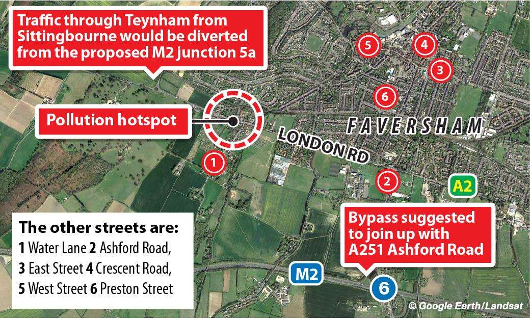Ospringe A2 bypass plan for Faversham and the seven sites where air pollution is being analysed (7308632)
