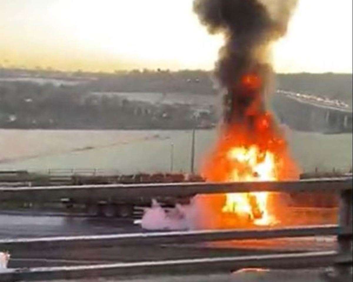 The lorry burst into flames on the clockwise carriageway of the M25 near Junction 2, the Darenth Interchange. Picture: UKNIP