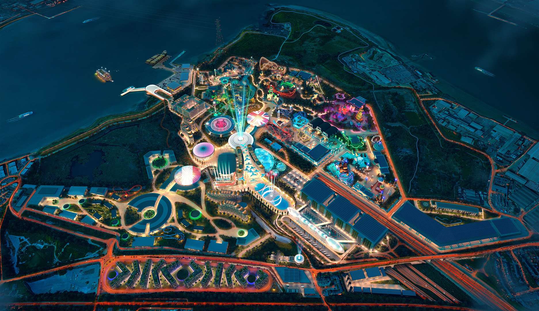 A new aerial night time image of the London Resort theme park project was released this month. Photo: London Resort