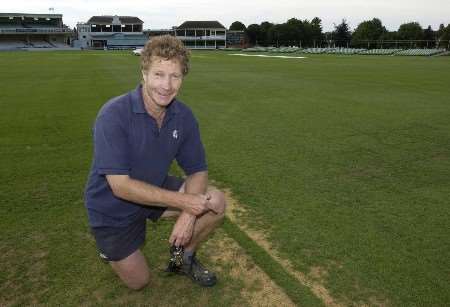 Head groundsman Mike Grantham on the damaged outfield. Picture: CHRIS DAVEY