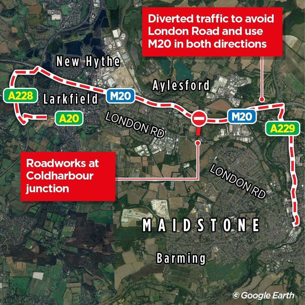 Drivers will be diverted along the M20 to avoid Coldharbour Lane and Junction 5 Aylesford Interchange