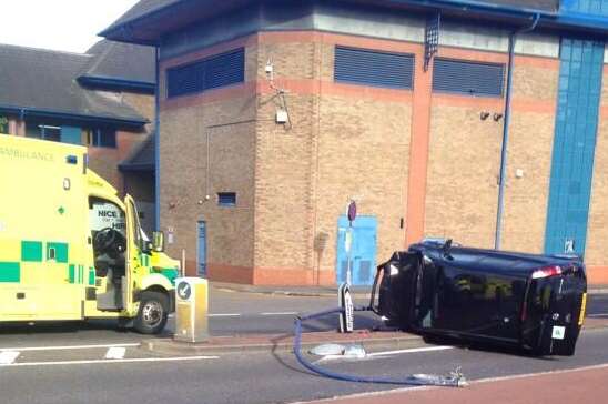 An overturned car in Dartford town centre. Picture: @JodieNason