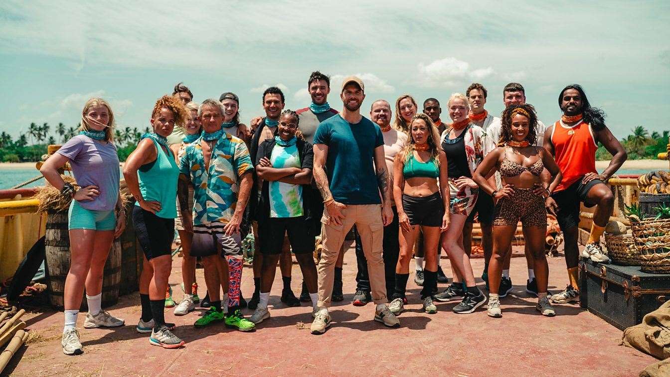 Survivor UK's host Joel Dommett with the year's 18 competitors. Picture: BBC