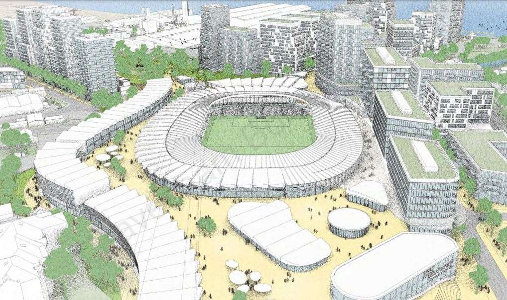 A CGI of how the new Ebbsfleet United waterfront stadium might look. Photo: Gravesham planning portal/ Landmarque Property Group