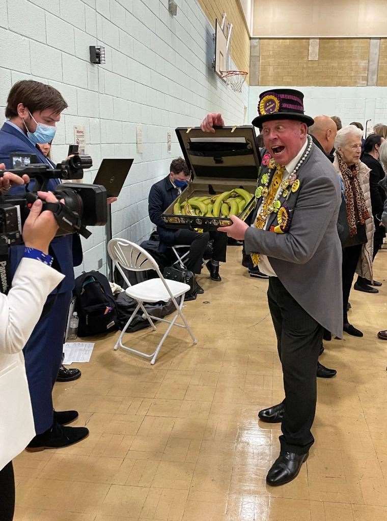 Snapped: Mad Mike Young of the Official Monster Raving Loony Party at the Old Bexley by-election count where he says his prized bananas were snubbed by other candidates