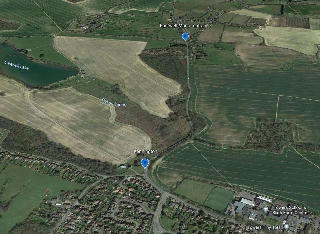 The pavement on A251 Faversham Road runs between Eastwell Manor's entrance in Boughton Aluph to the edge of Kennington. Picture: Google Earth