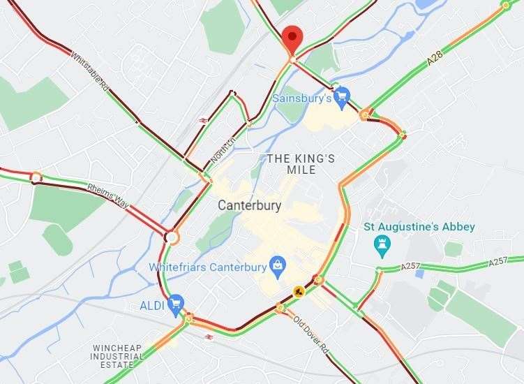 Google Maps shows how every route into Canterbury is gridlocked this morning