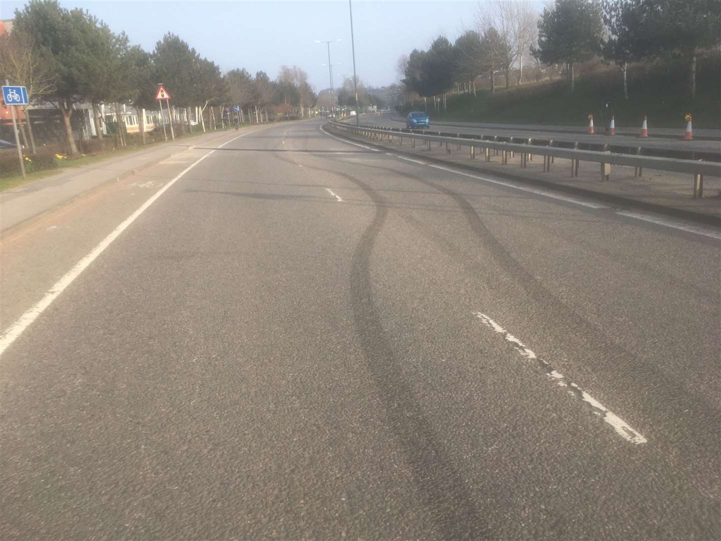 Tyre marks have been left in the road in Crossways Boulevard