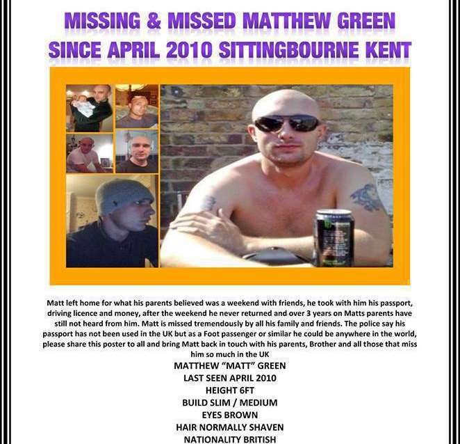 A poster was created in the hope of finding missing Sittingbourne man Matthew Green