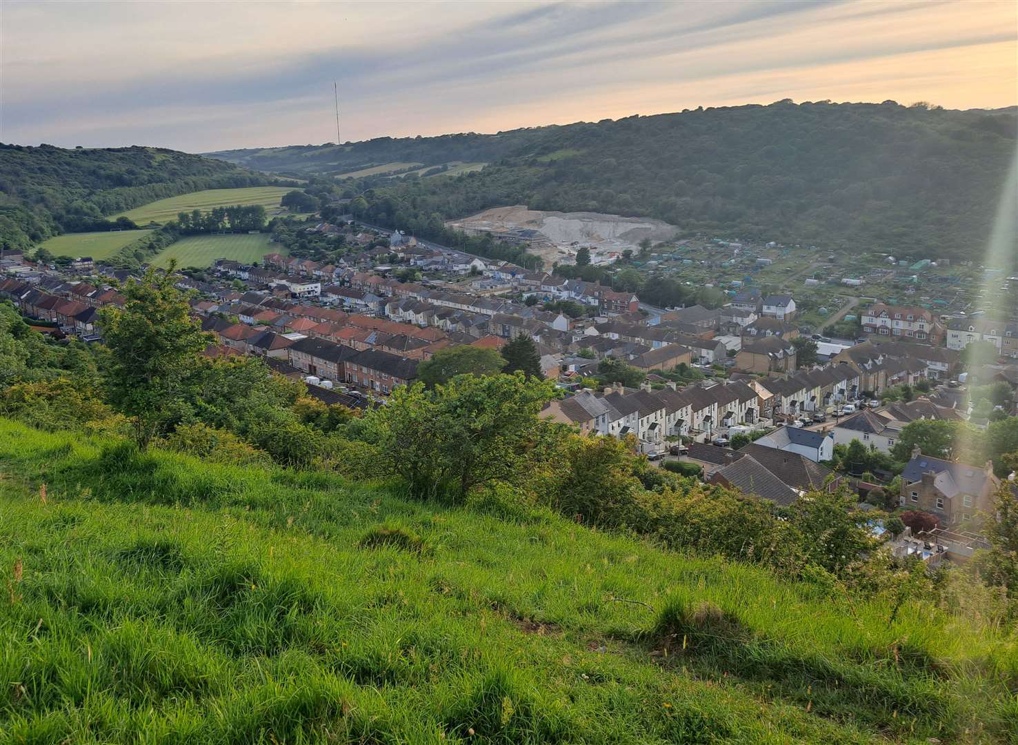 View from the hills to Folkestone Road and Maxton. The chalky area is the site of a new housing development