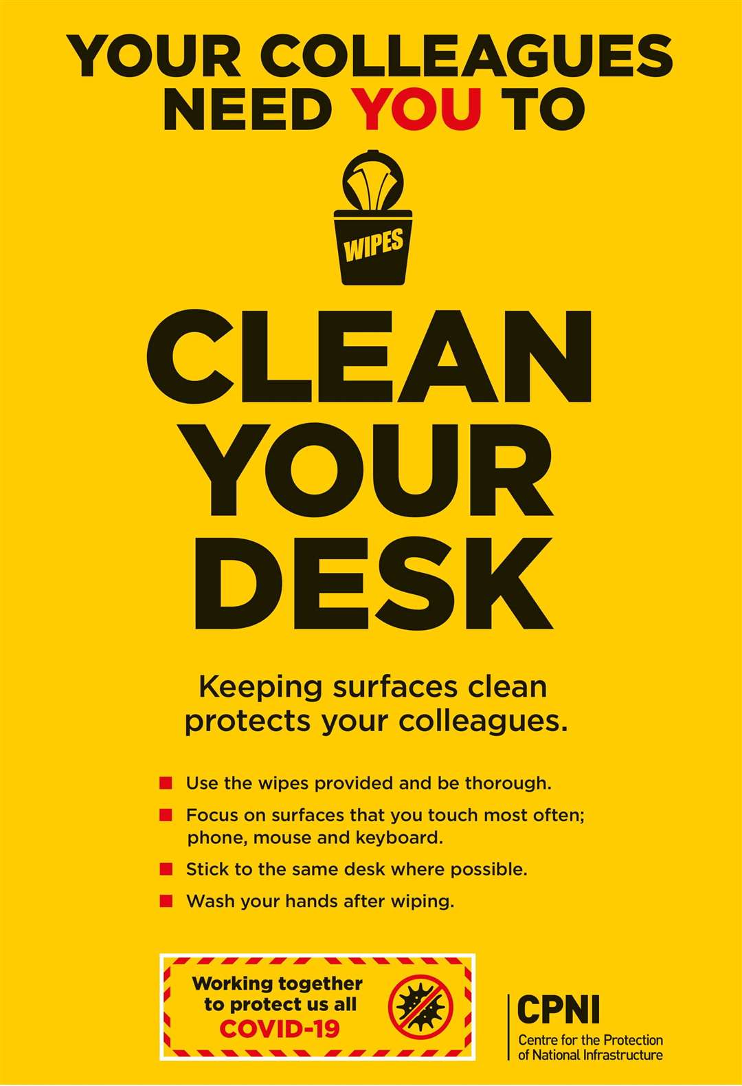One of the advice posters calls on workers to clean their desks thoroughly