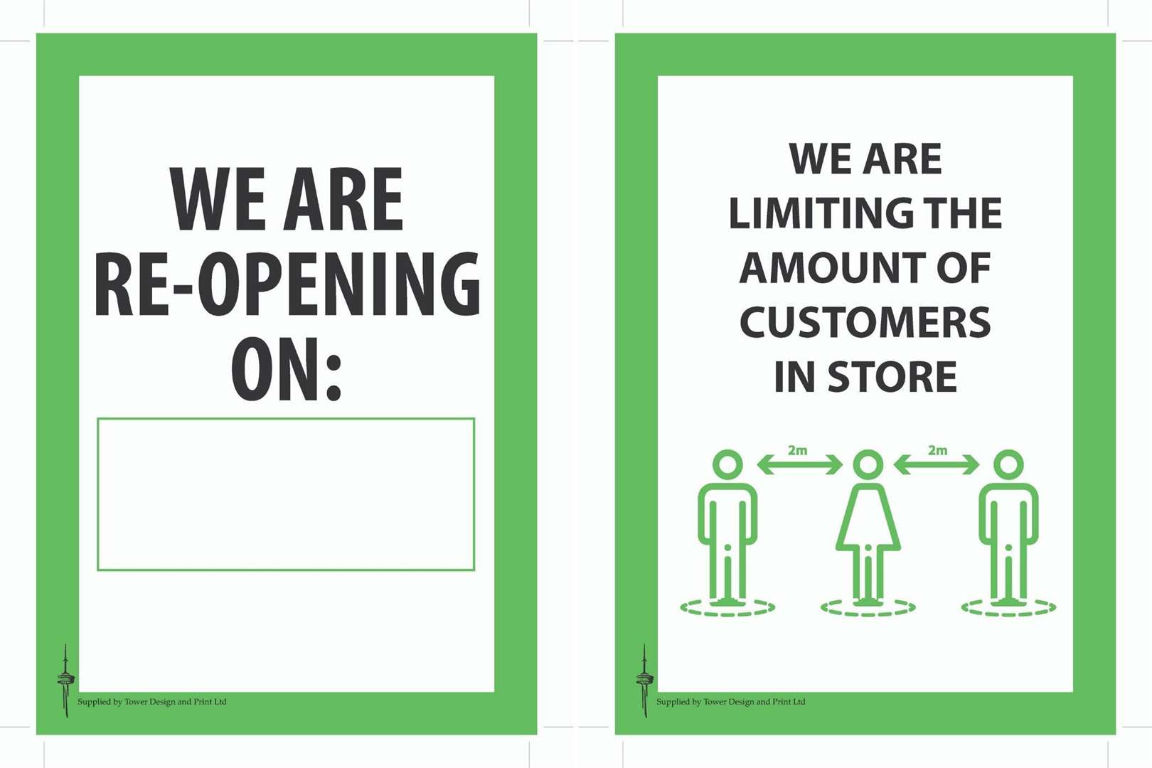 Limits on the number of customers in store and reopening details are featured on these printable posters