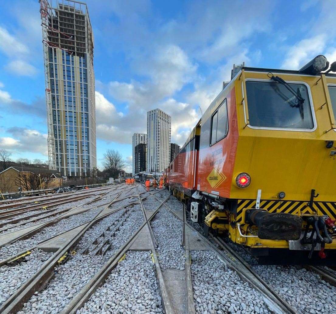 A special tamping train beds in new lines tracks at Lewisham junction over the Christmas and New Year holidays. Picture: Network Rail/Colas Rail