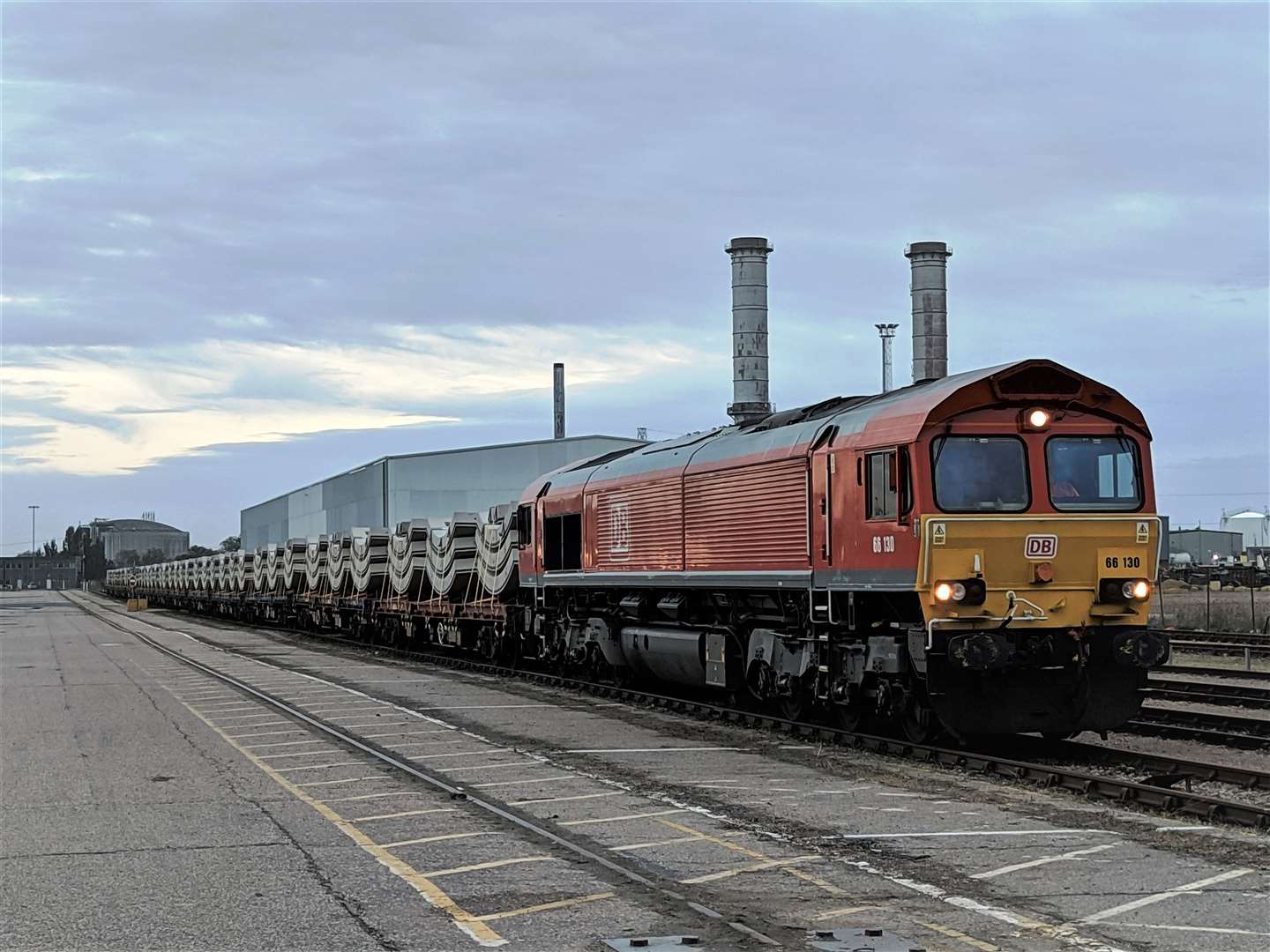 The first train carrying parts for the tunnel of the Thames Tideway arrives at Thamesport on Grain