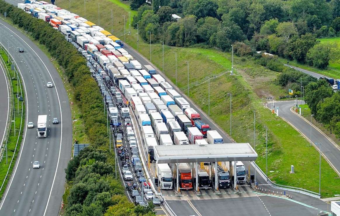 The M20 has been clogged up with traffic held on approach to the Eurotunnel terminal in Folkestone. Picture: UKNIP