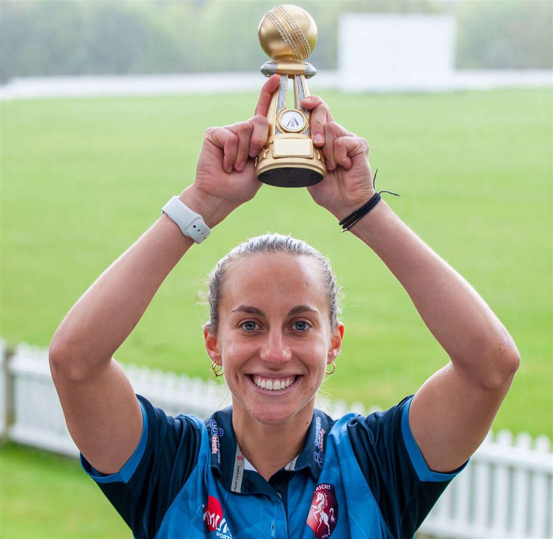 Kent vice-captain Tash Farrant lifts the South East T20 trophy Picture: Oyster Bay Photography