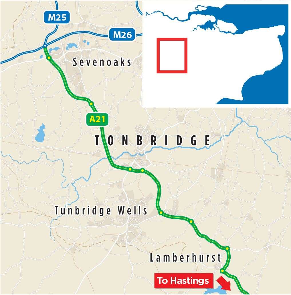 Map of the A21 between Tonbridge and Pembury