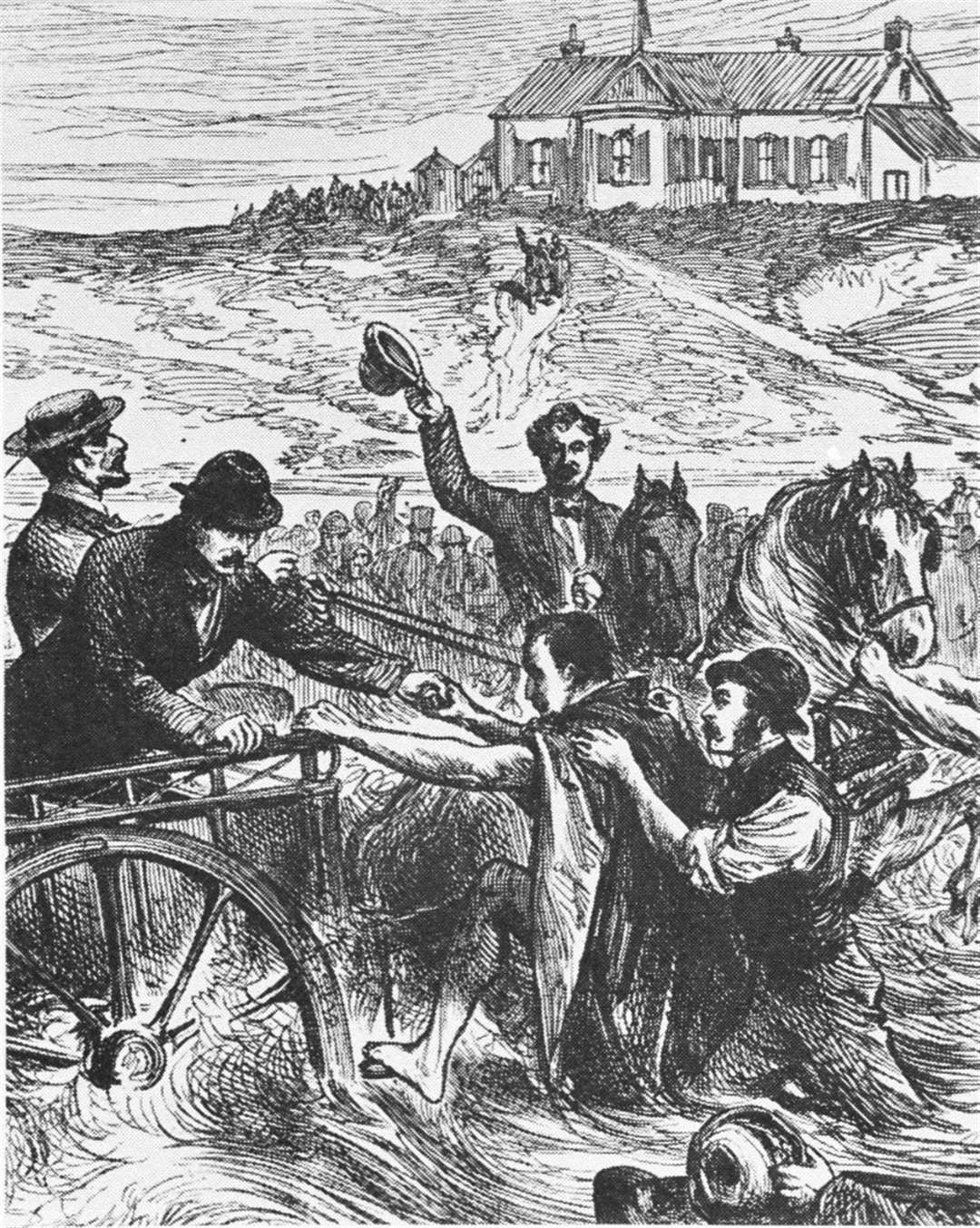 Cette gravure montre le capitaine Webb atterrissant en France après sa baignade réussie en 1875. Photo du musée de Douvres