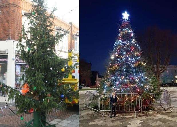 The tree dubbed the worst in the country in 2012, left, and this year's fir in Wimereux Square