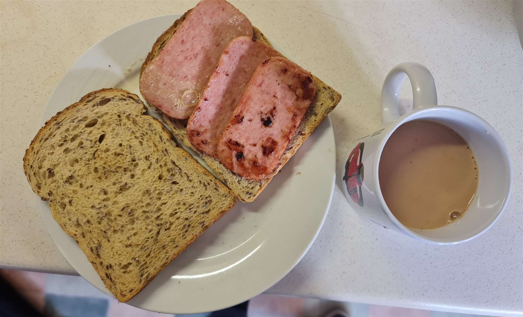 A Spam sandwich and a cup of tea