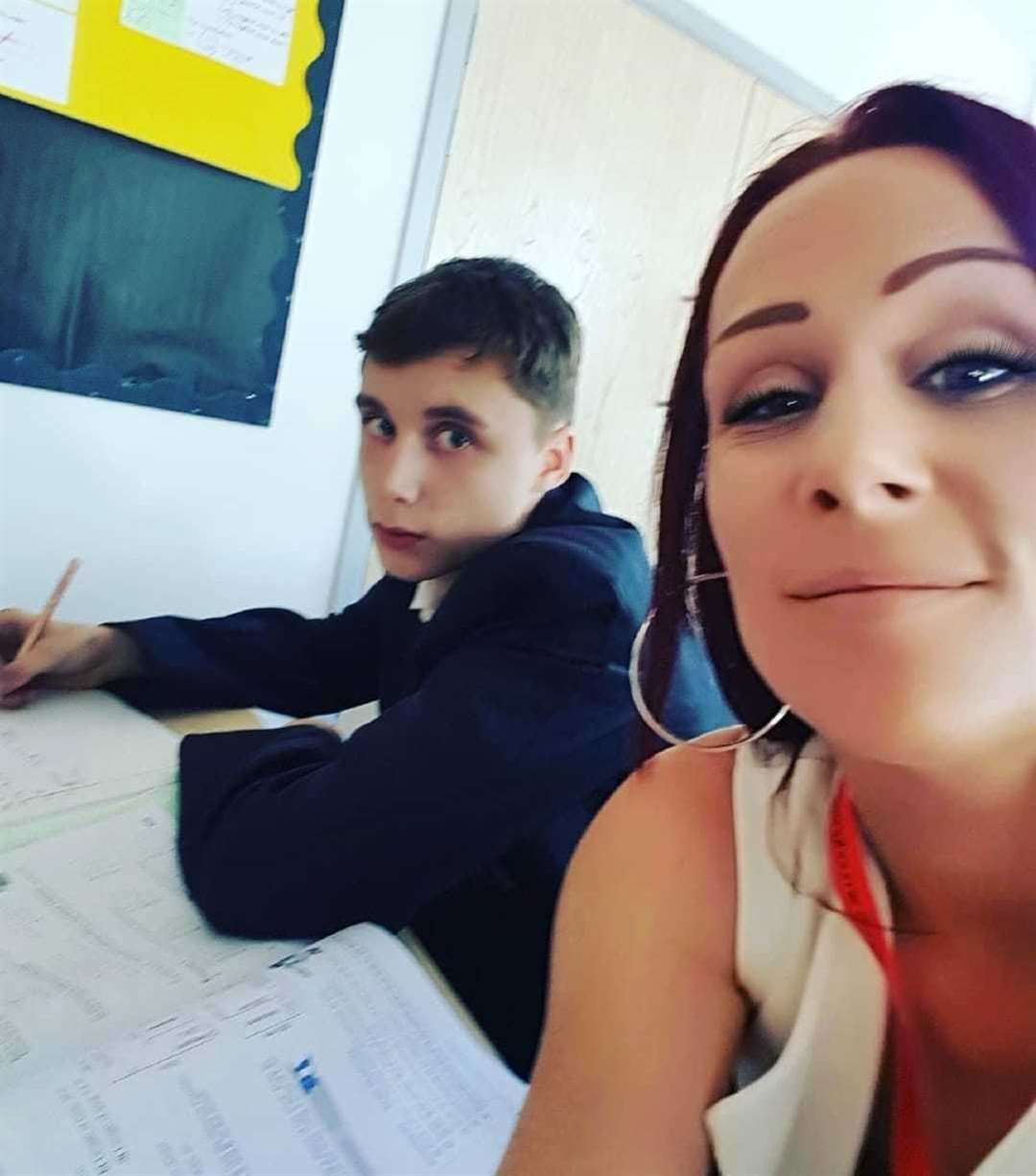 Mum Becky Crandley sitting next to her son Harley in his maths lesson at The Sittingbourne School on Friday