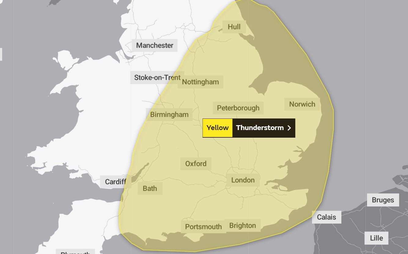 A yellow weather warning is in place from 9am on Friday until 9am on Saturday. Picture: Met Office