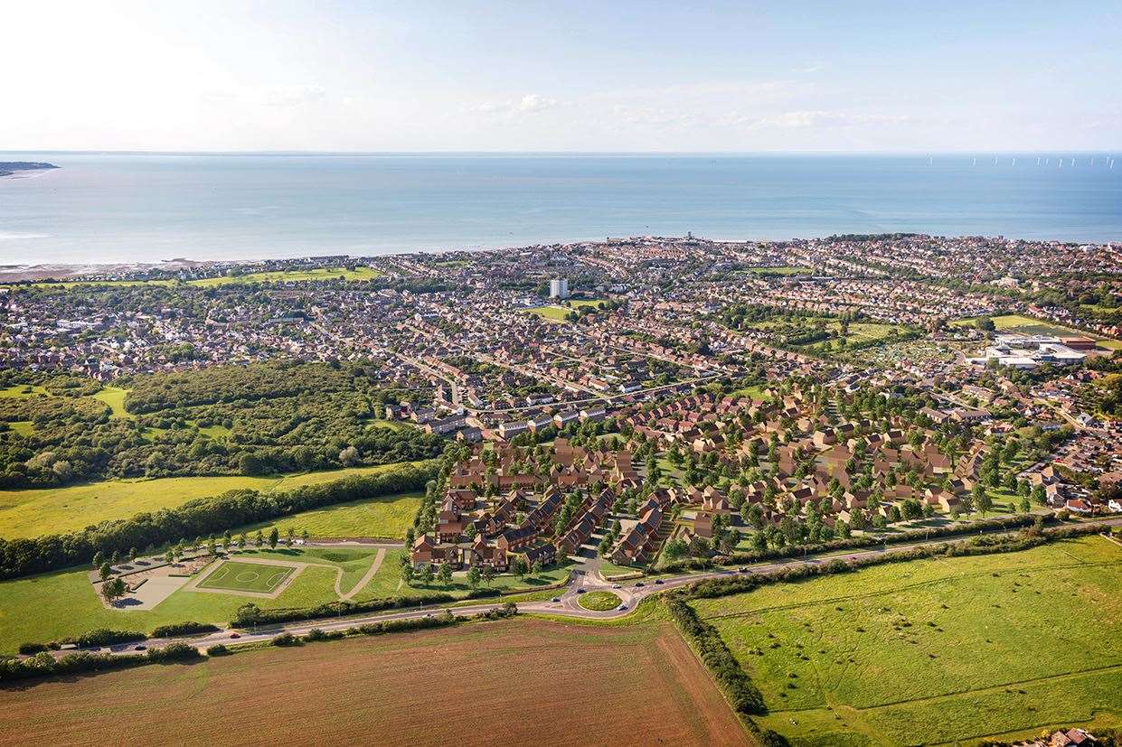 An computer-generated aerial view with Whitstable Heights in the foreground