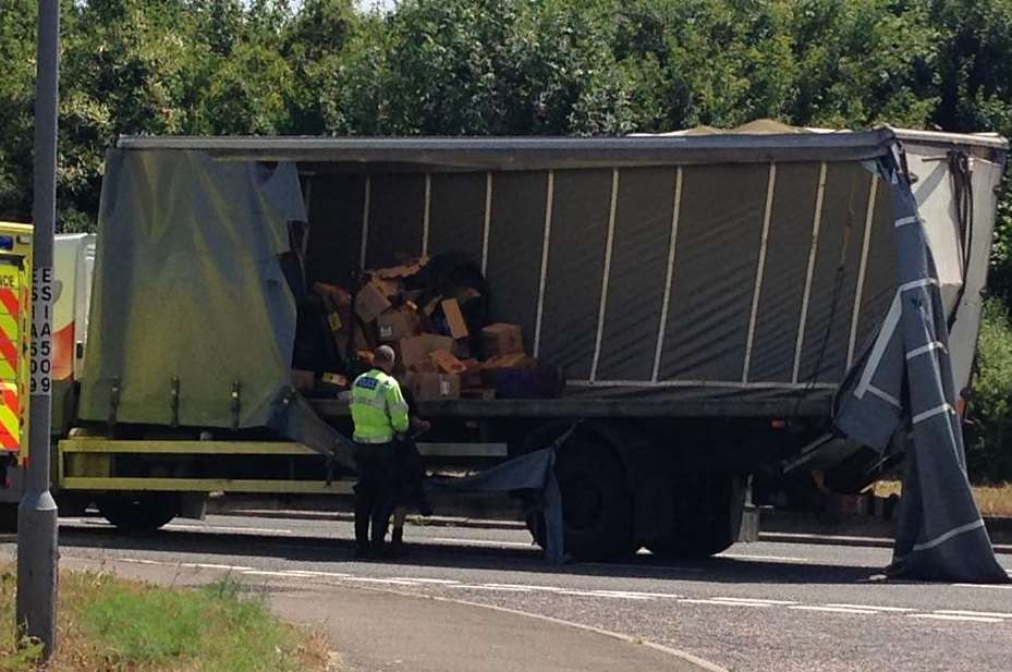 Traffic being diverted from the A249 after a lorry crashed into the central reservation. Picture: Jim Haskell