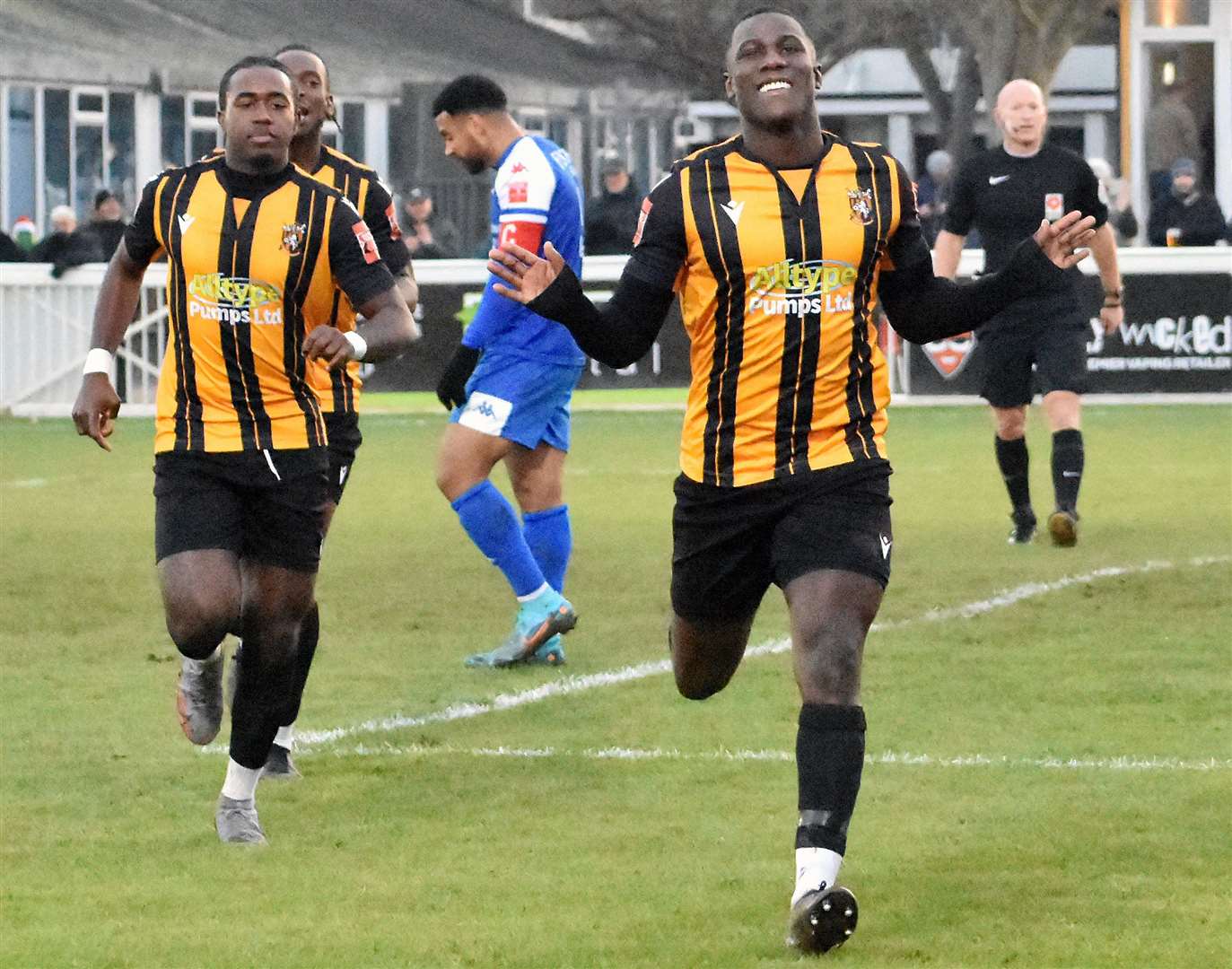 Top scorer Ade Yusuff celebrates scoring for Folkestone in their FA Trophy shoot-out defeat against Leiston. Picture: Randolph File