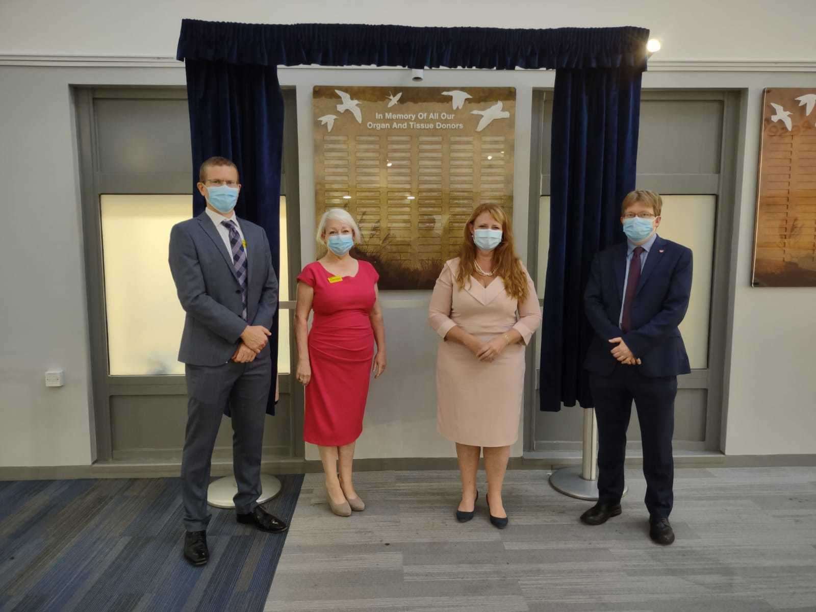 A new organ donor memorial wall commemorating people who have helped save lives by donating organs has been unveiled at Medway hospital in Gillingham. From left Dr Paul Hayden, Medway NHS Trust clinical lead for organ donation, Dr Gill Fargher, chairman of the trust’s organ donation committee, Jo Palmer Medway NHS Trust chairman and Dr Dale Gardiner national clinical lead at NHS Blood and Transplant