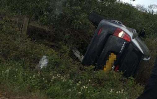 The car overturned along the M2 near Faversham