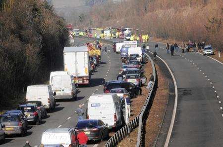 Emergency services at the scene of Wednesday's serious accident on the A2 at Bridge.