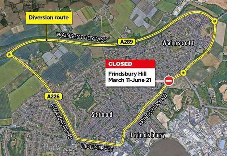 Frindsbury Hill is to close in both directions from the Sans Pareil roundabout from March 11 to June 21