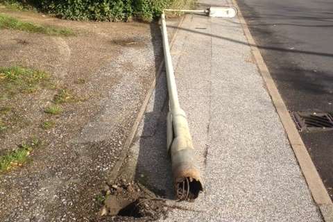 A fallen lamppost in Chestfield Road, Whitstable